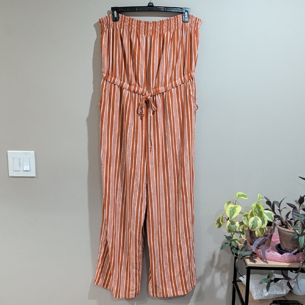 Striped Strapless Jumpsuit in Rust Orange